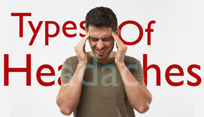 Image of a man with a headache and the words "Type of Headaches" behind the man